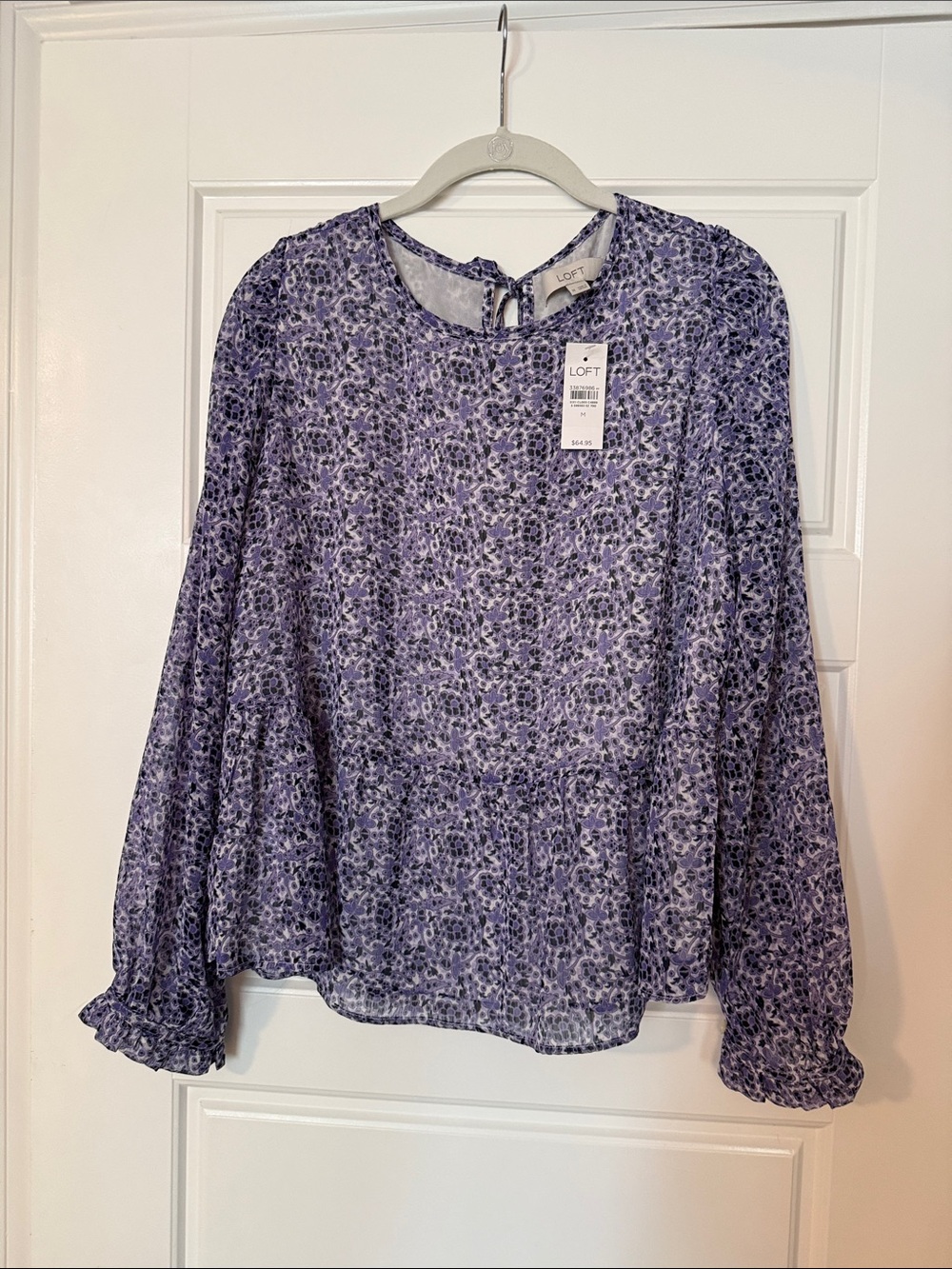 LOFT Lavender Floral Tie-Neck Sheer Blouse